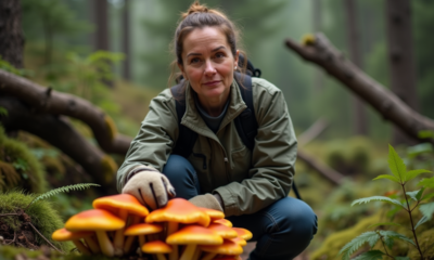 Femme randonneuse inspectant un groupe de champignons orange dans la forêt