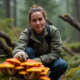 Femme randonneuse inspectant un groupe de champignons orange dans la forêt