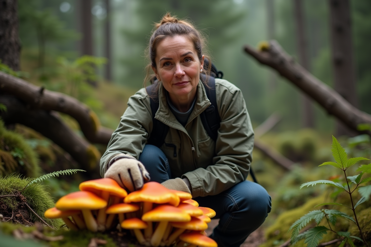Femme randonneuse inspectant un groupe de champignons orange dans la forêt