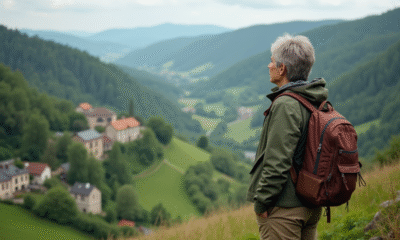 Femme en randonnée sur une colline verdoyante en France