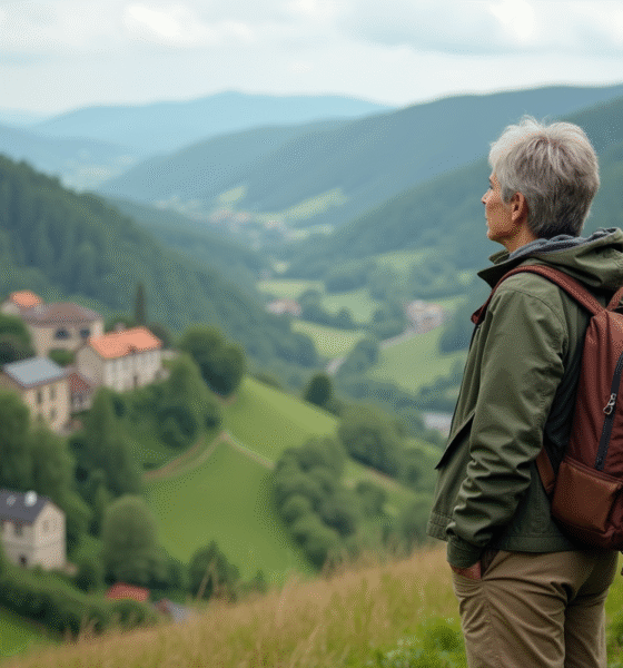 Femme en randonnée sur une colline verdoyante en France