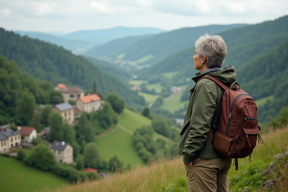 Femme en randonnée sur une colline verdoyante en France