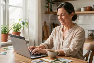 Femme souriante rédigeant un message de bons vacances sur son ordinateur portable dans une cuisine chaleureuse
