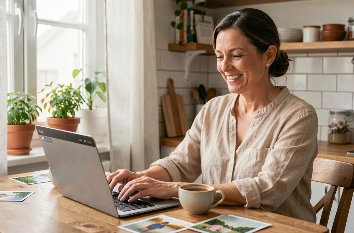 Femme souriante rédigeant un message de bons vacances sur son ordinateur portable dans une cuisine chaleureuse