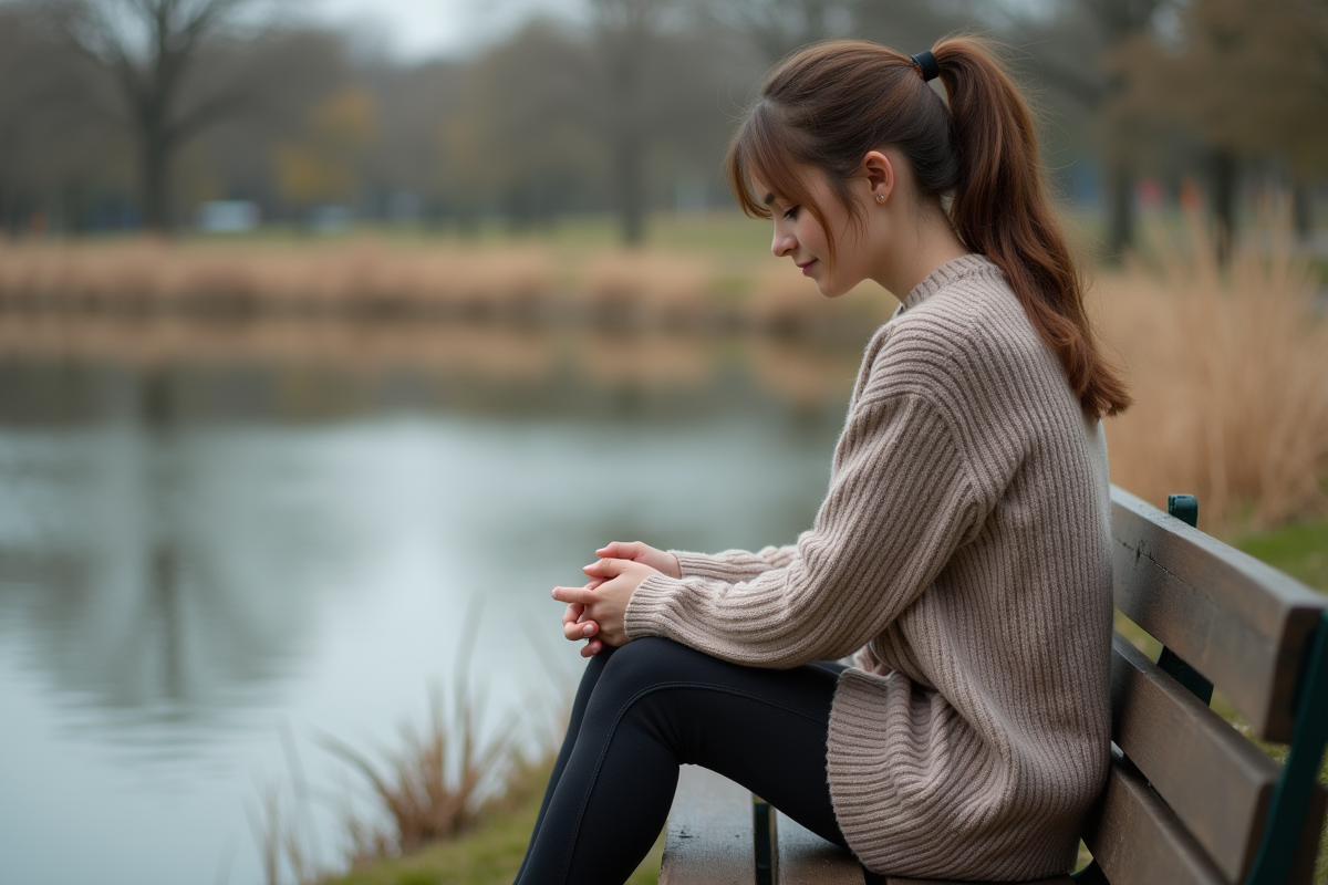 Jeune femme assise sur un banc au bord d