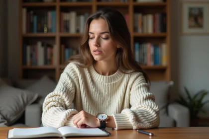 Femme pensive regardant sa montre dans un salon chaleureux