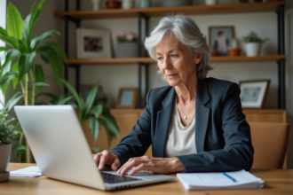Femme d'âge moyen travaillant à son bureau à domicile