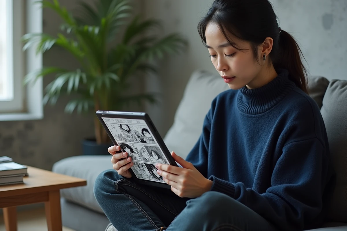 Femme lisant des scanlations manga non censurées sur tablette dans un appartement urbain moderne