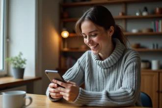 Femme utilisant une application de rencontre gratuite sur son smartphone dans une cuisine française moderne