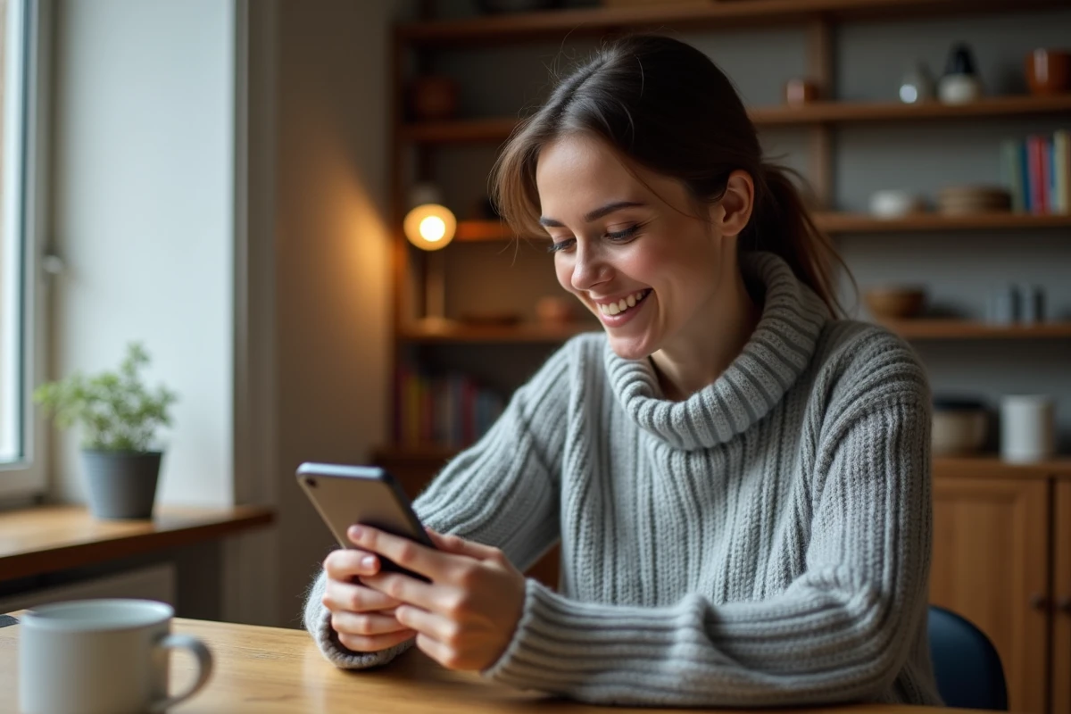 Femme utilisant une application de rencontre gratuite sur son smartphone dans une cuisine française moderne