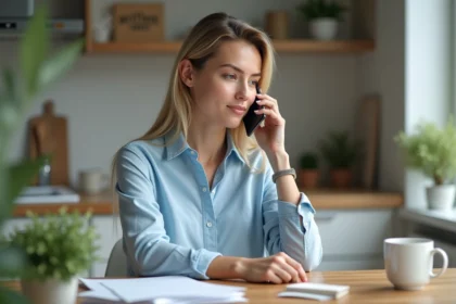 Femme au téléphone dans une cuisine moderne
