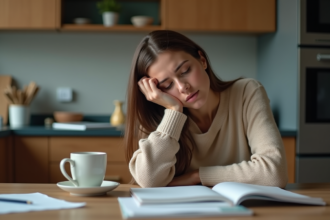 Femme stressée dans une cuisine moderne et chaleureuse