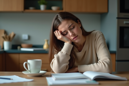 Femme stressée dans une cuisine moderne et chaleureuse