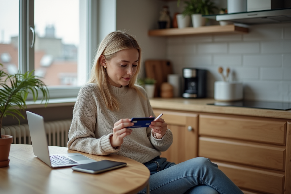 Jeune femme en intérieur moderne avec tablette et carte