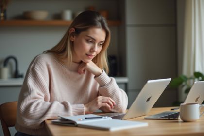 Jeune femme compare un iPad Air à d'autres tablettes à la maison