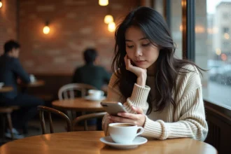 Femme regardant son téléphone affichant 11h11 dans un café, pensant à quelqu'un avec une expression pensive et émue