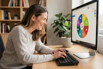 Femme jouant à la toupie Google Doodle sur un ordinateur de bureau au bureau
