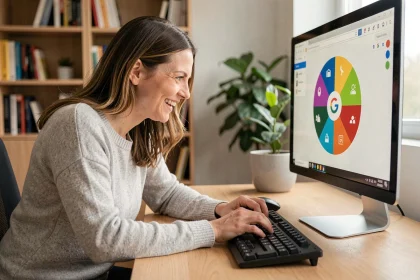Femme jouant à la toupie Google Doodle sur un ordinateur de bureau au bureau