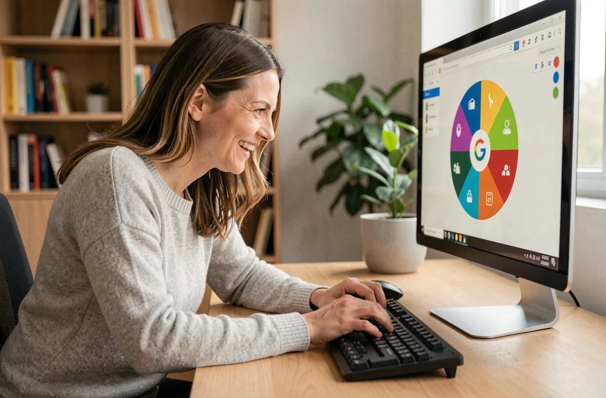 Femme jouant à la toupie Google Doodle sur un ordinateur de bureau au bureau