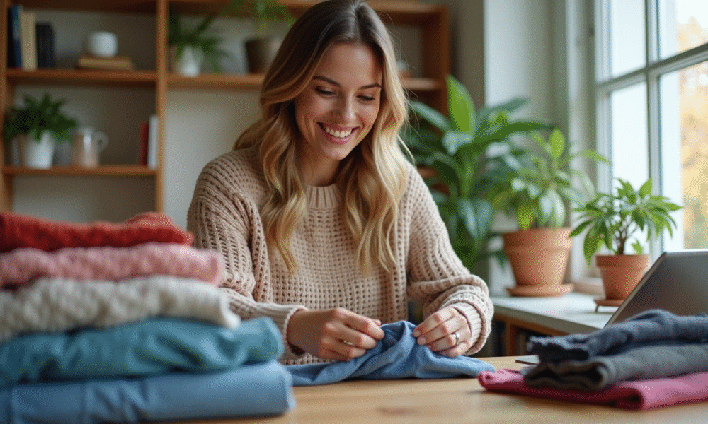 Femme souriante triant des vêtements d'occasion dans un salon lumineux