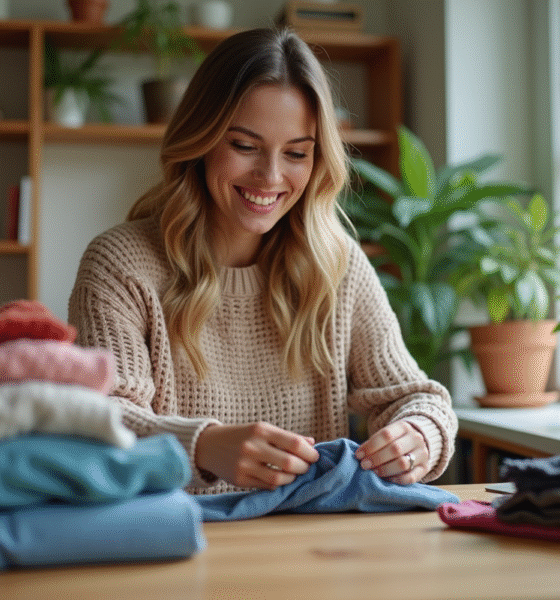Femme souriante triant des vêtements d'occasion dans un salon lumineux