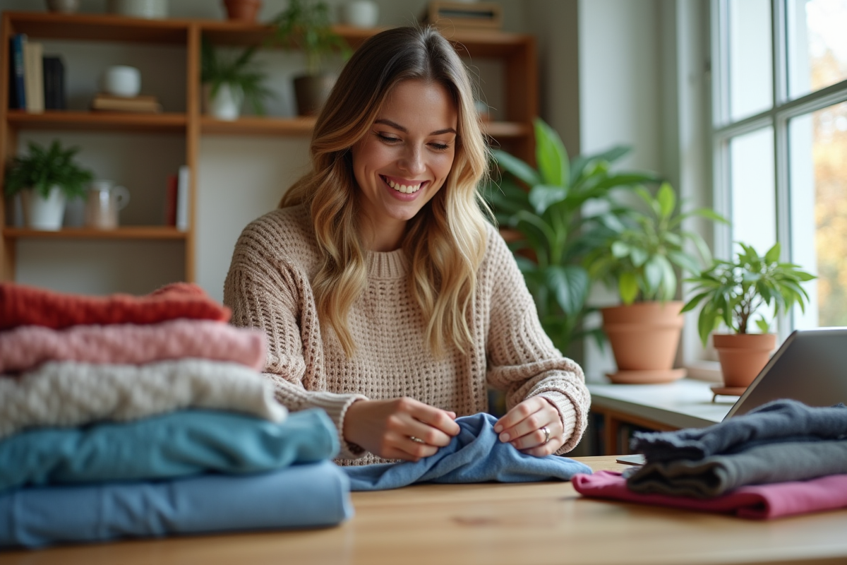 Femme souriante triant des vêtements d'occasion dans un salon lumineux