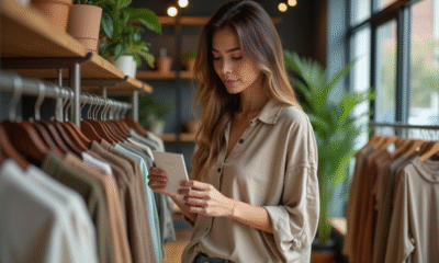 Femme examinant une étiquette de vêtement bio dans une boutique écologique