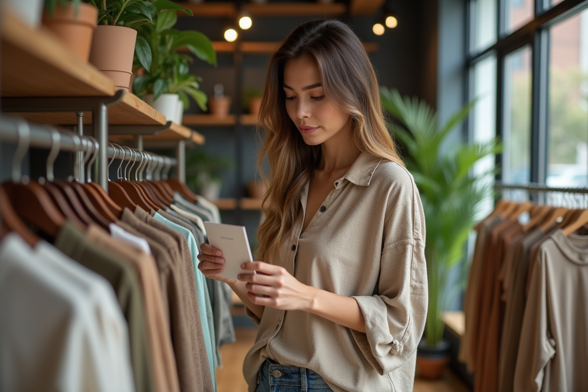 Femme examinant une étiquette de vêtement bio dans une boutique écologique