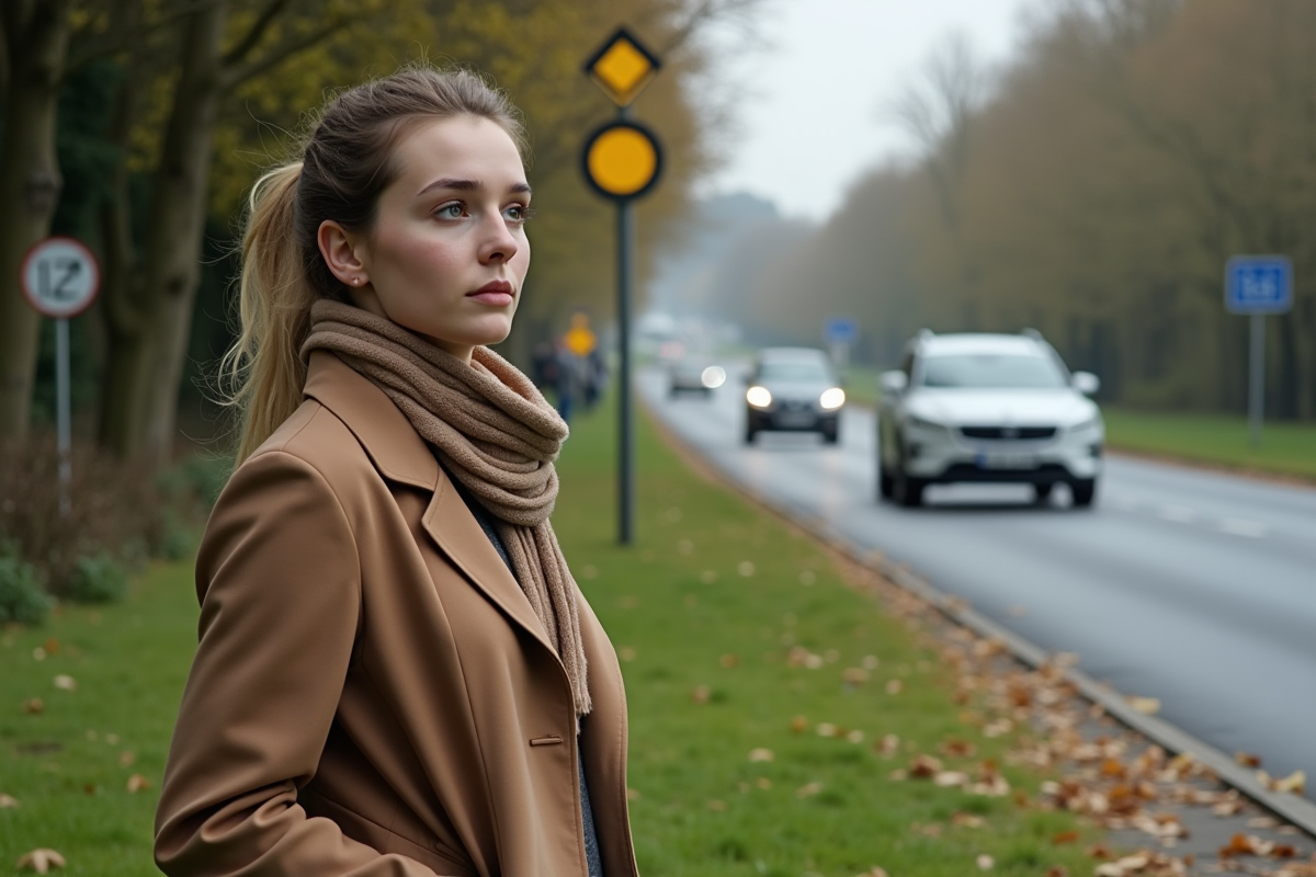 Femme regarde une voiture hydrogene passer dans la banlieue