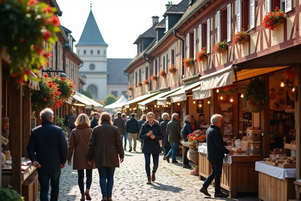 Festival gratuit en plein air dans un village alsacien avec maisons à colombages et marché artisanal animé