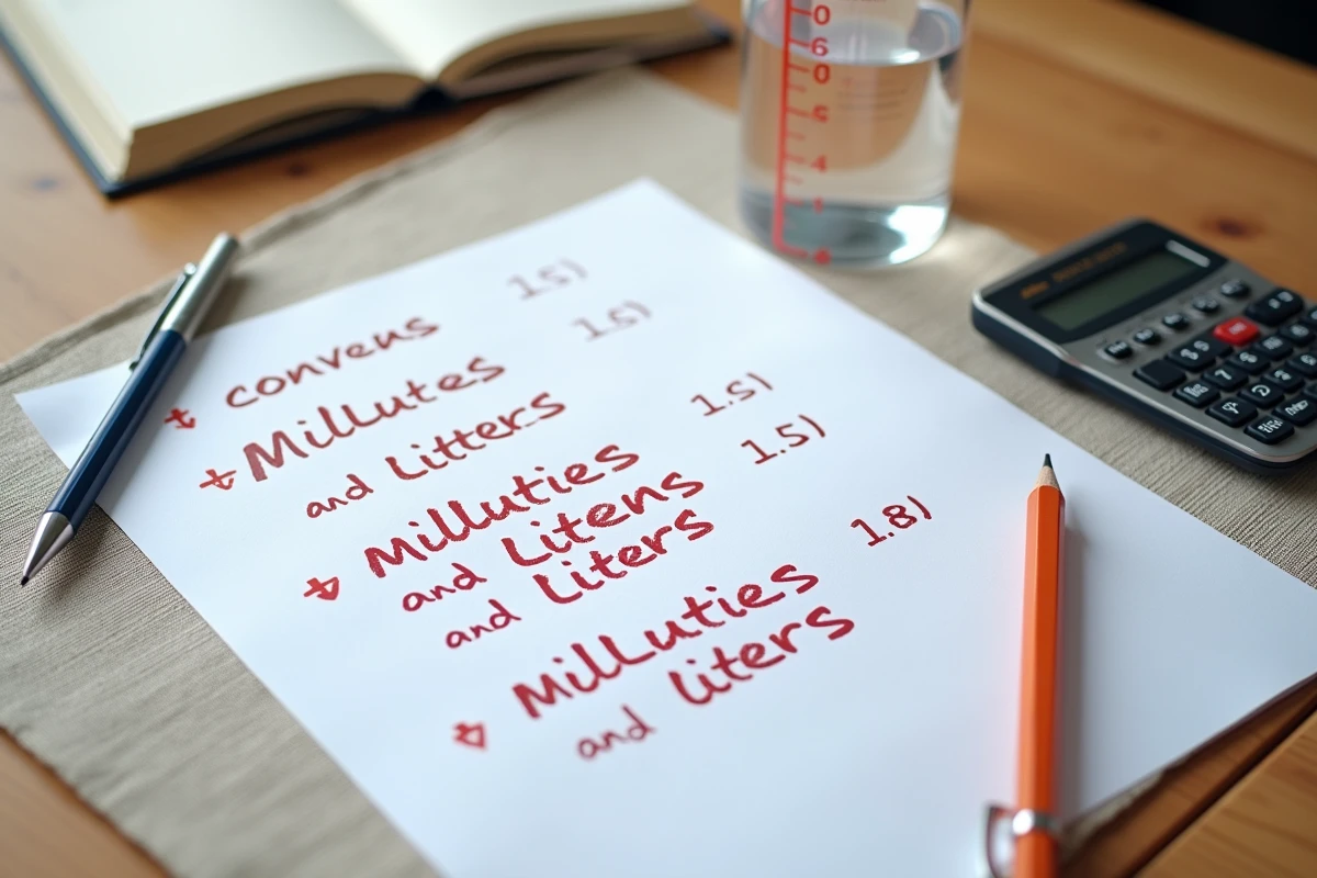 Gros plan d'une feuille d'exercices corrigés de conversion ml avec cylindre gradué et calculatrice sur une table