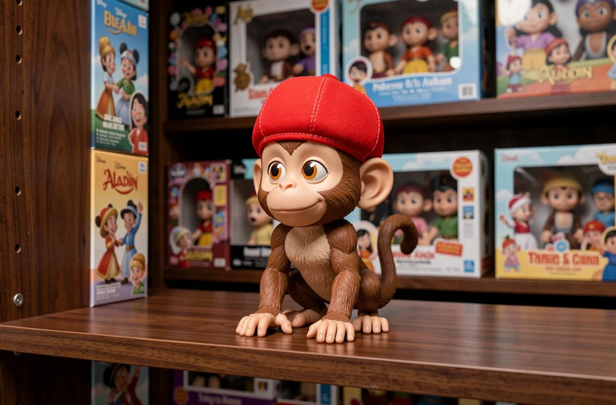 Figurine premium Abu le singe Aladdin Disney posée sur une étagère en bois dans un espace de collection