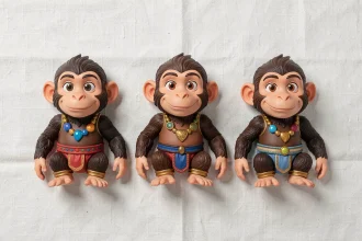 Trois figurines de collection Abu le singe Disney Aladdin disposées en flat lay sur fond blanc texturé