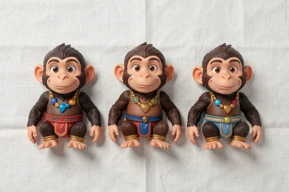 Trois figurines de collection Abu le singe Disney Aladdin disposées en flat lay sur fond blanc texturé