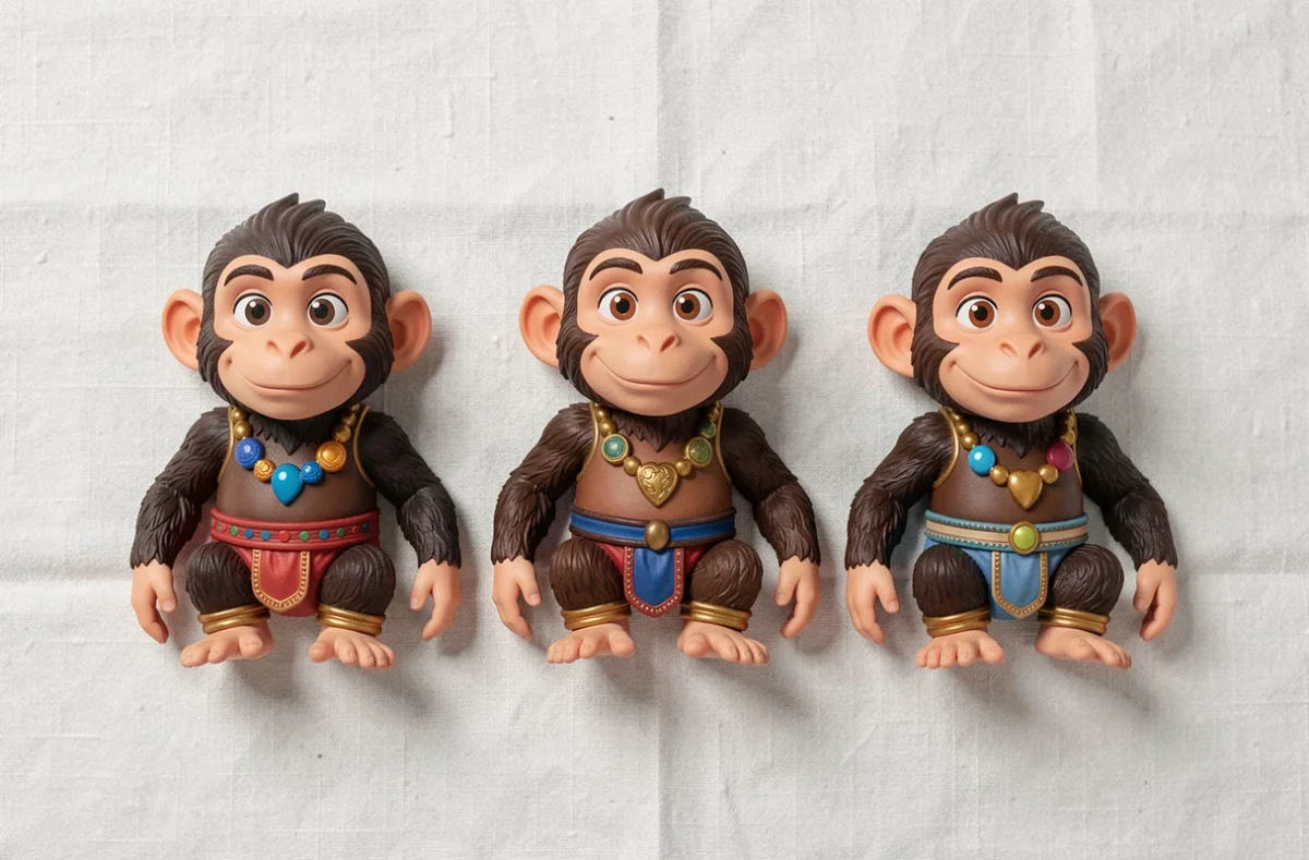 Trois figurines de collection Abu le singe Disney Aladdin disposées en flat lay sur fond blanc texturé