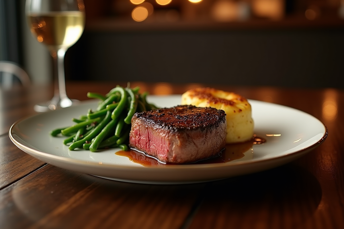 Filet mignon entier avec gratin et haricots verts