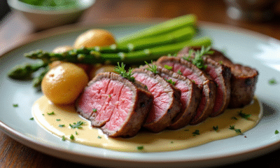 Filet mignon tranché avec pommes de terre et asperges