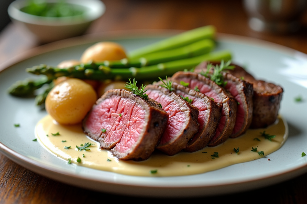 Filet mignon tranché avec pommes de terre et asperges