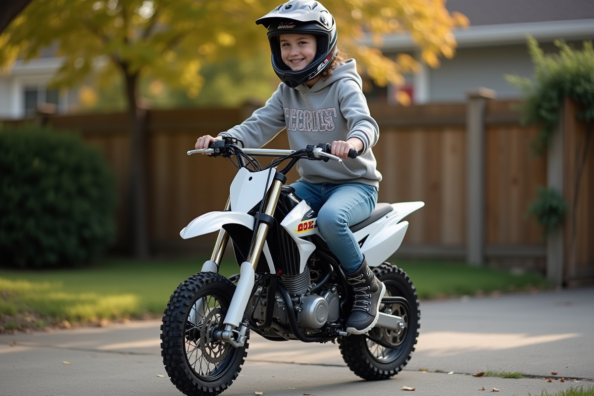 Jeune fille assise sur pit bike dans une allée résidentielle