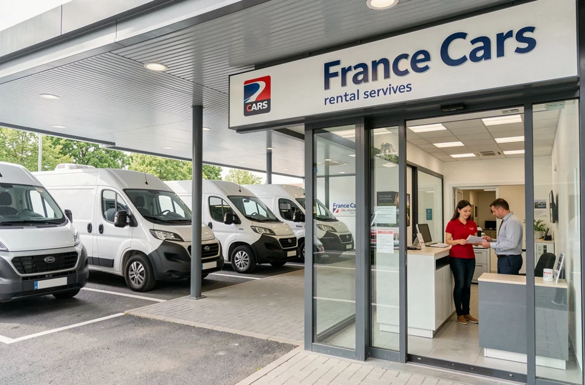 Agence France Cars à Villeneuve-d'Ascq avec des utilitaires en location garés devant et une employée accueillant un client