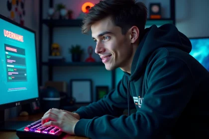 Jeune gamer concentré générant un pseudo tryhard stylé sur son PC avec interface de création de nom d'utilisateur