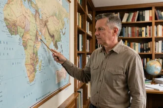 Géographe universitaire pointant une carte politique de l'Asie montrant les frontières disputées des pays du continent