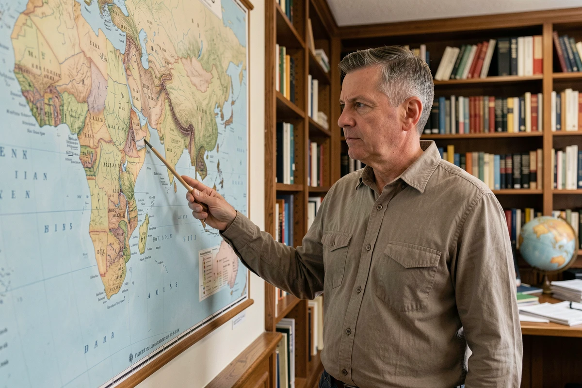Géographe universitaire pointant une carte politique de l'Asie montrant les frontières disputées des pays du continent