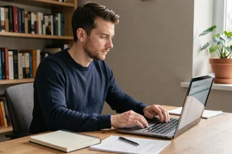 Homme gérant son budget en ligne avec un carnet de notes et un ordinateur portable dans un bureau à domicile organisé