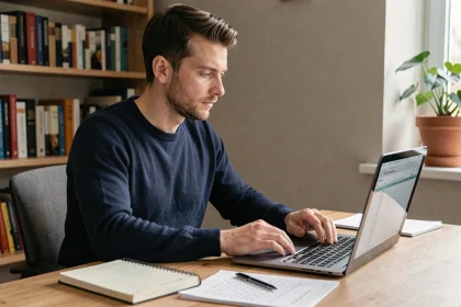Homme gérant son budget en ligne avec un carnet de notes et un ordinateur portable dans un bureau à domicile organisé