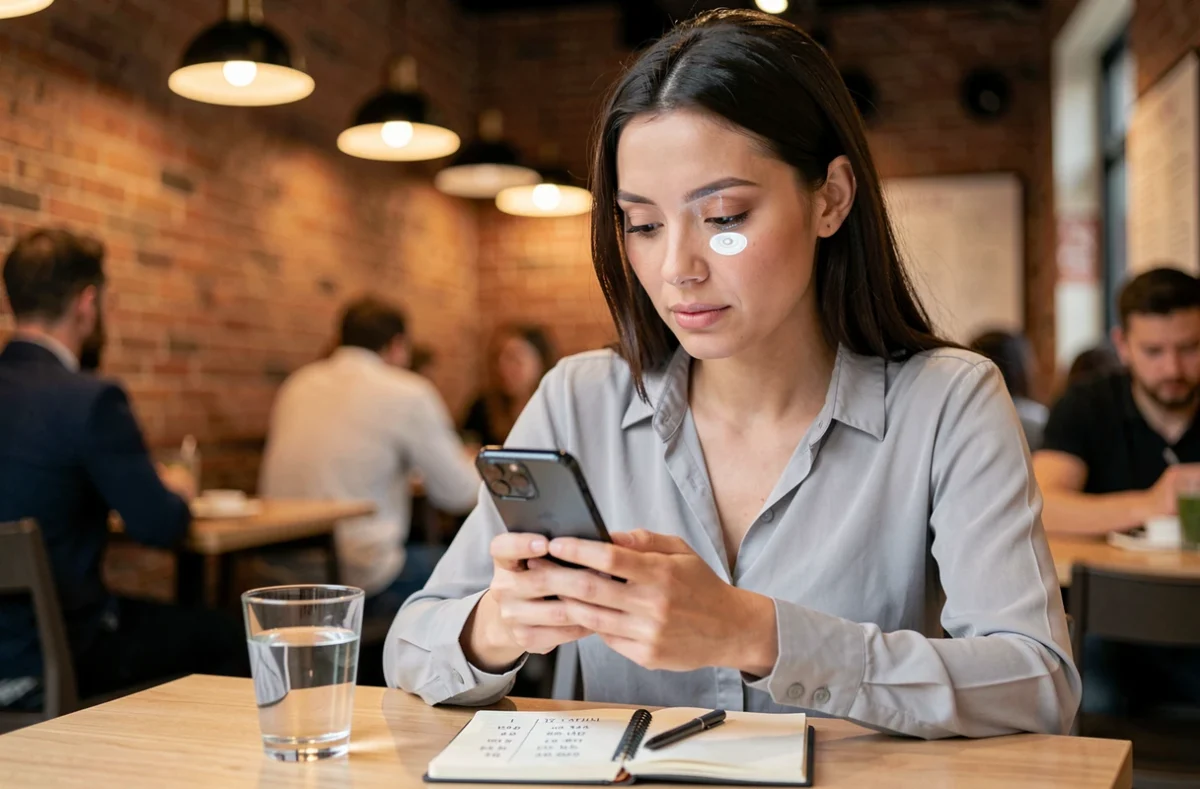 Femme consultant son téléphone dans un café pour gérer ses mises sportives de façon responsable
