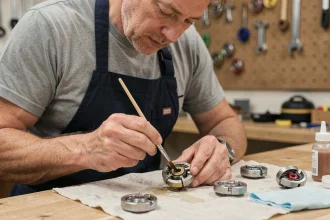 Homme appliquant de la graisse sur une toupie beyblade avec un pinceau de précision sur un établi en bois