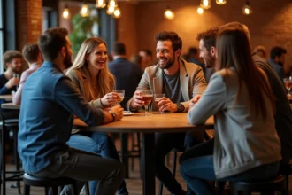 Groupe d'amis riant dans un nightclub à Lille