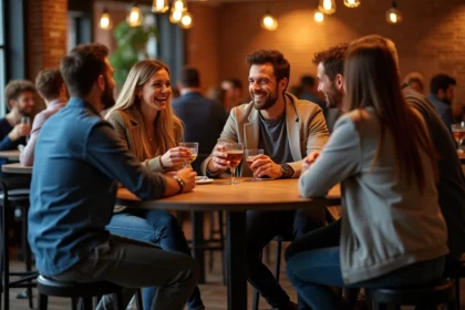 Groupe d'amis riant dans un nightclub à Lille