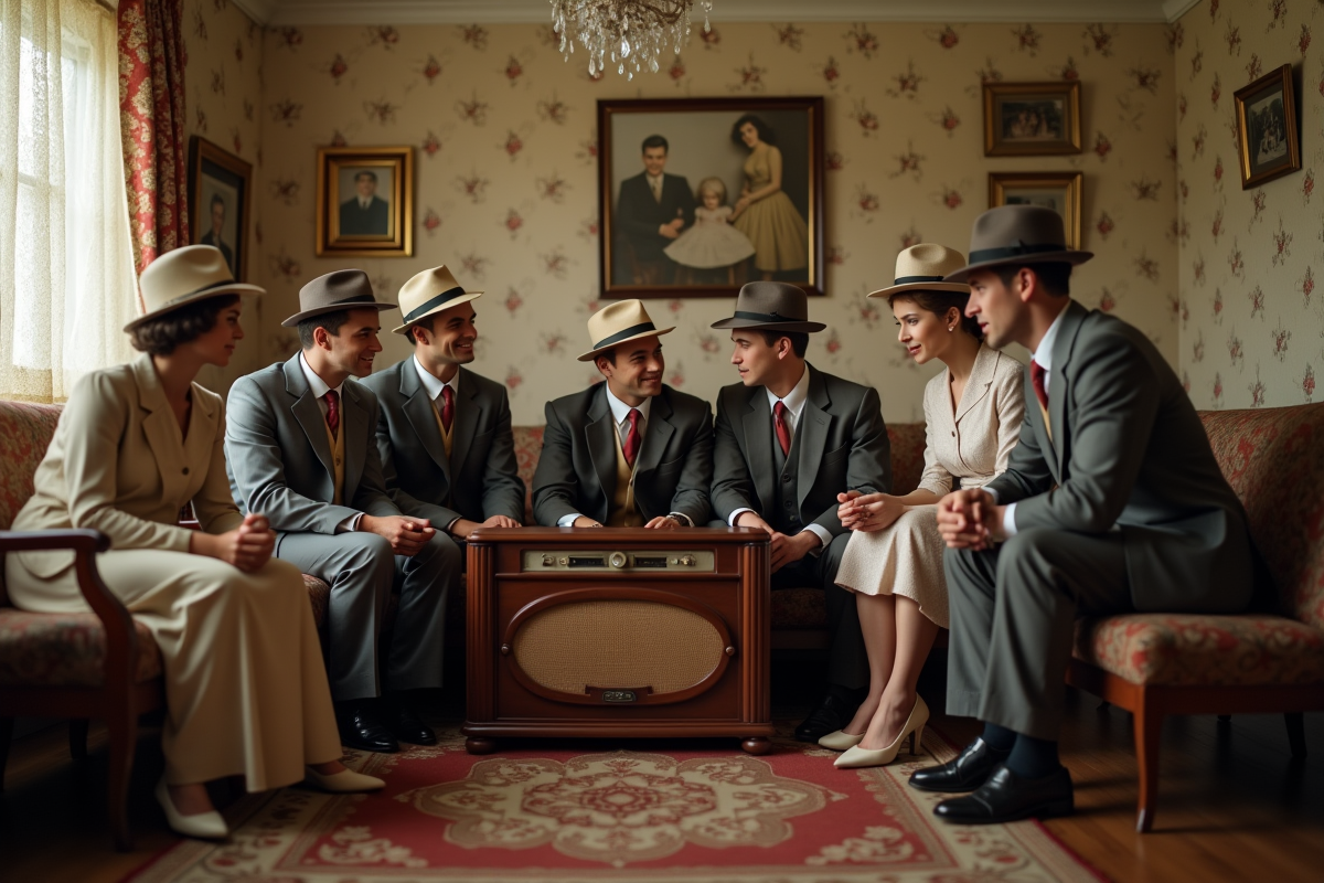 Groupe de jeunes en 1940s dans un salon chaleureux